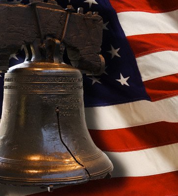 Liberty Bell and American Flag